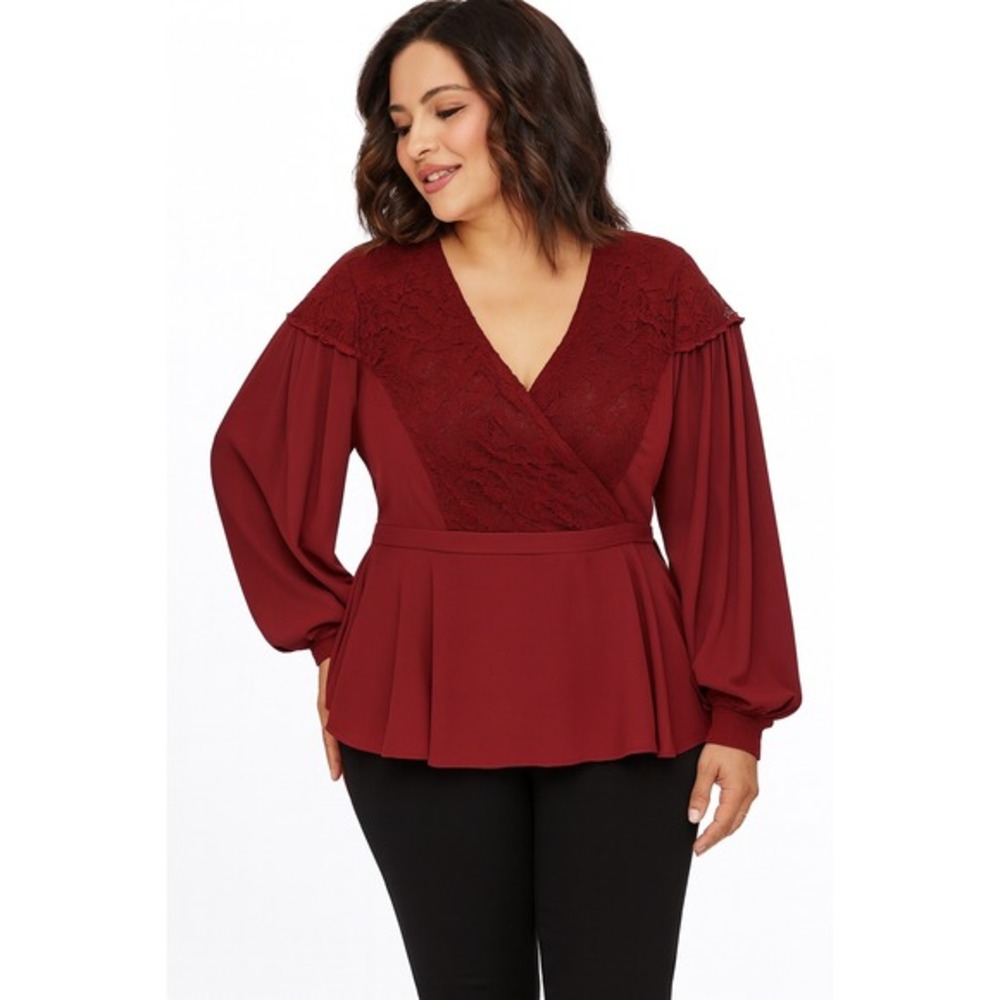 Plus Size Lace-Trim Wrap Peplum Top in Burgundy Sz 3x